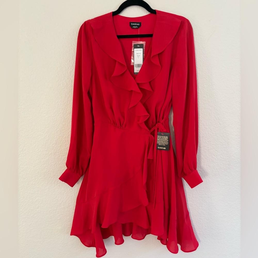 Bebe Wrap Dress Ruffle Party Dressy Holiday Long Sleeve with Ruffles Size Small - Picture 3 of 7